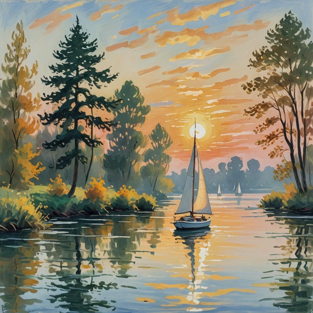 Sailboat on Serene Waters: An Impressionist Gouache Painting