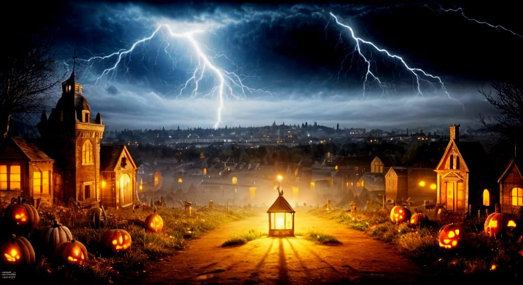 Halloween Kitty in Haunted Autumn Landscape