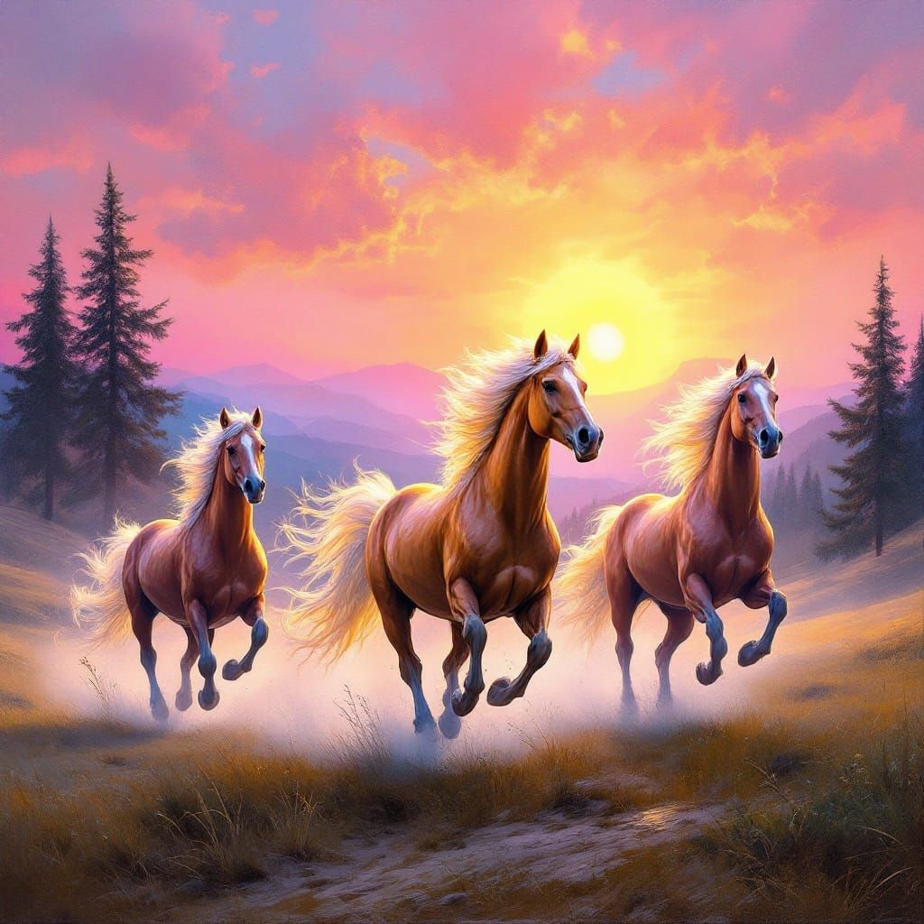 Majestic Horses Gallop in Sunset Landscape