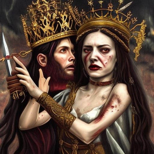 Murderous Queen with Sword: Oil Painting Horror