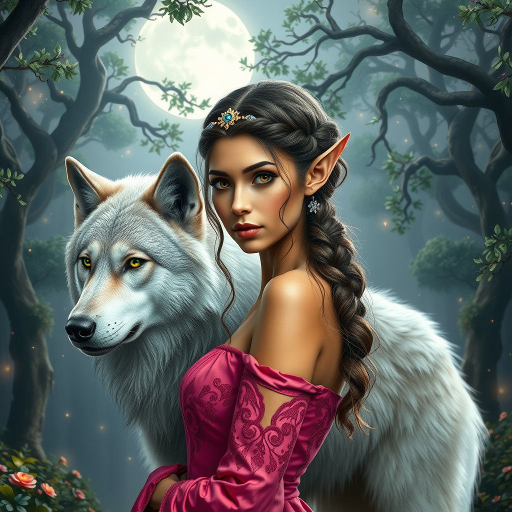 Enchanting Elf with Wolf in Moonlit Forest