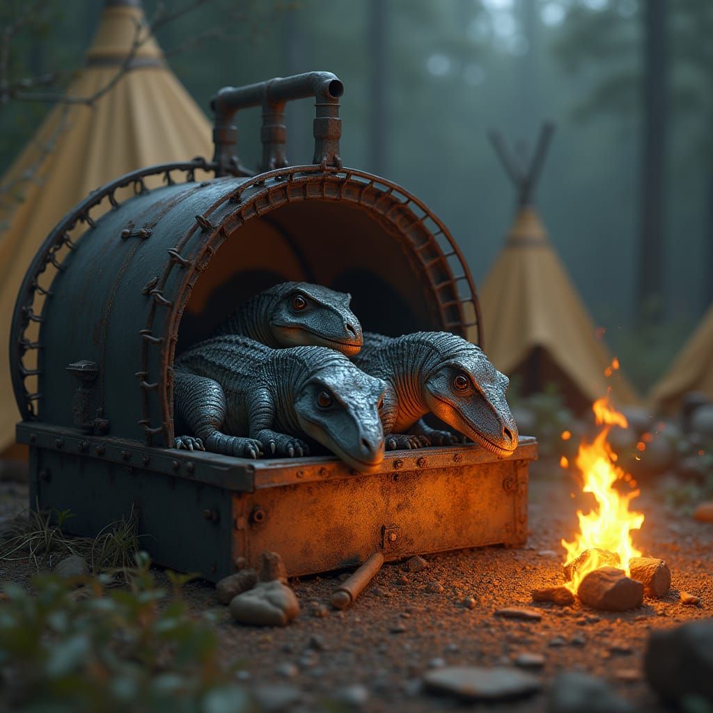 Cyborg Raptors Slumber in a Mystical Campsite