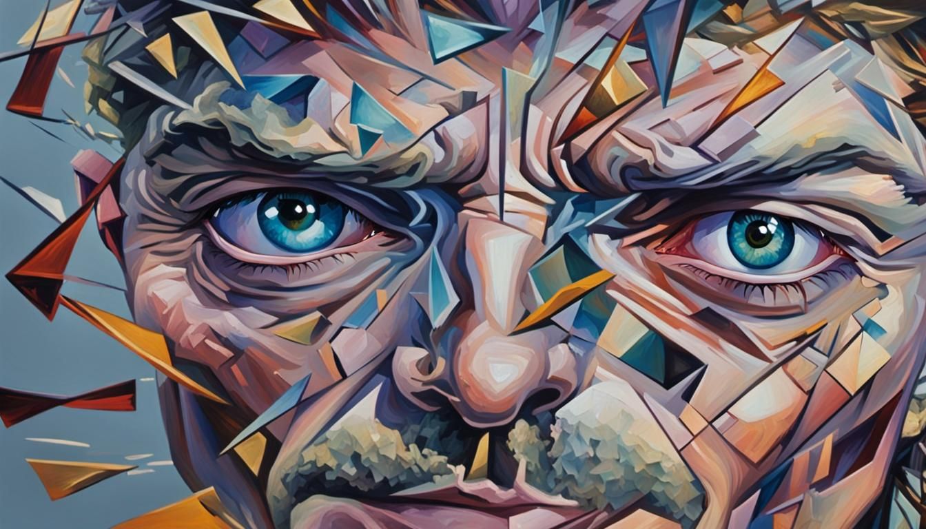 Expressionist Figure Breaking Free from Shattered Mirror