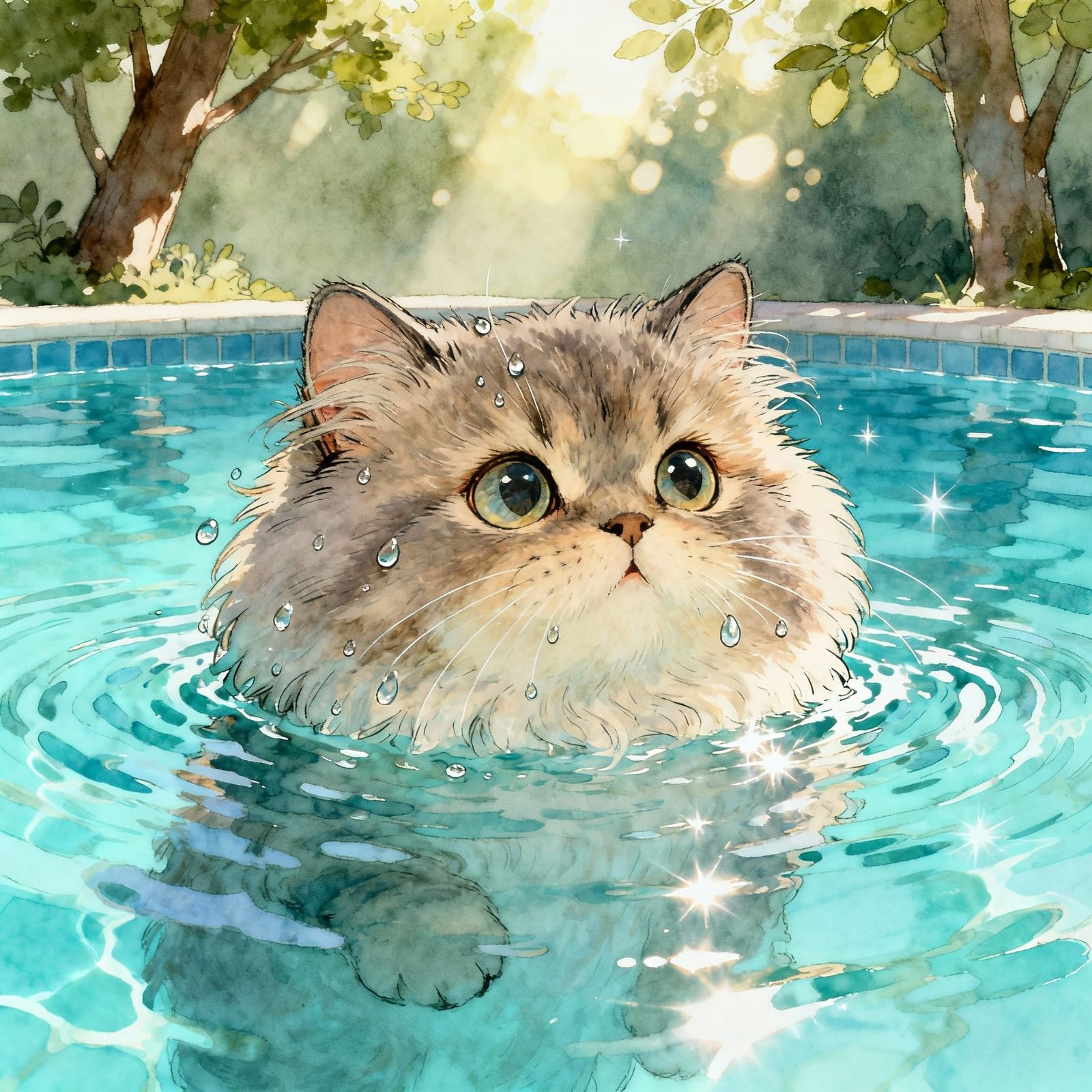 Fluffy Cat Peeks From Pool in Whimsical Illustration Style