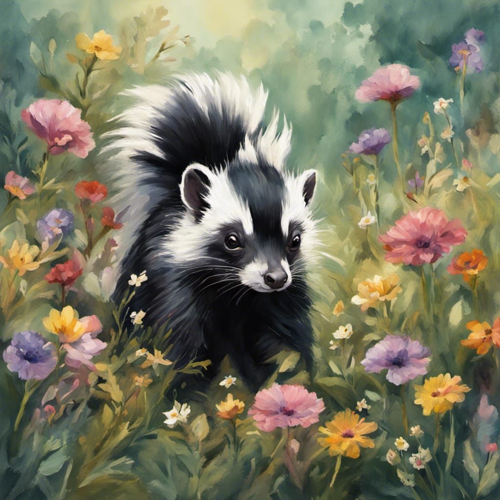 Cute Skunk in Wildflowers: Gouache Impressionist Painting