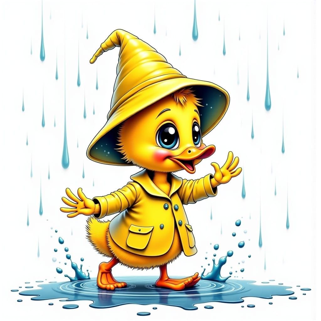 Dancing Duckling in Raincoat: Caricature Style