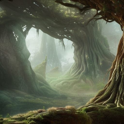 Detailed Yggdrasil in Soft Colors: Digital Matte Painting