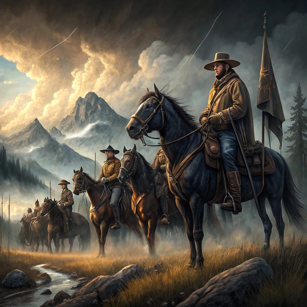 Regiment of Horse Soldiers on Majestic Horses in a Stormy La...