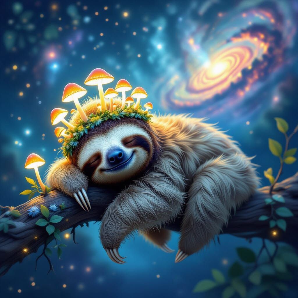 Sloth Naps on Starlight Branch Amidst Cosmic Nebula