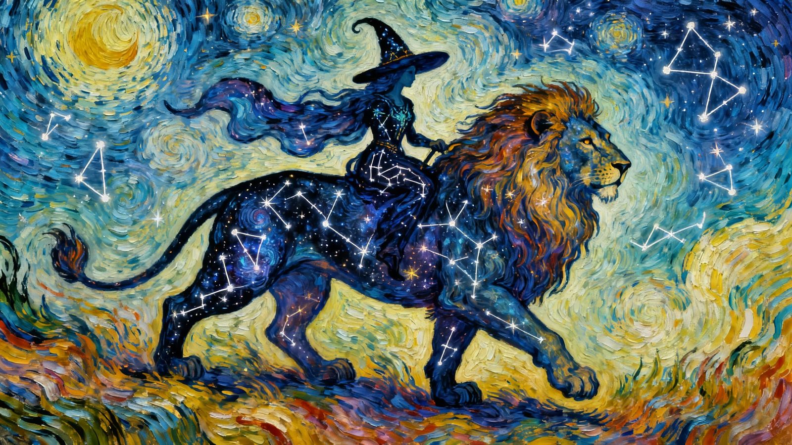 Cosmic Witch Rides Majestic Lion Amidst Constellations