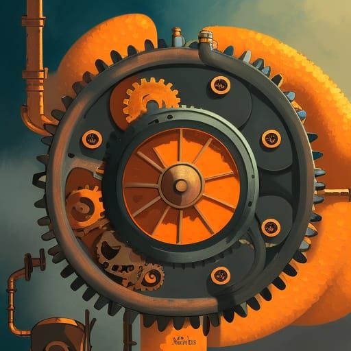 Steampunk Orange Clockwork: Detailed Cogs and Gears
