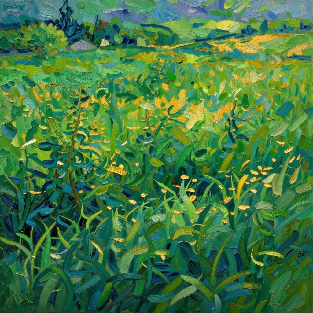 Emerald Green Landscape in Van Gogh Style