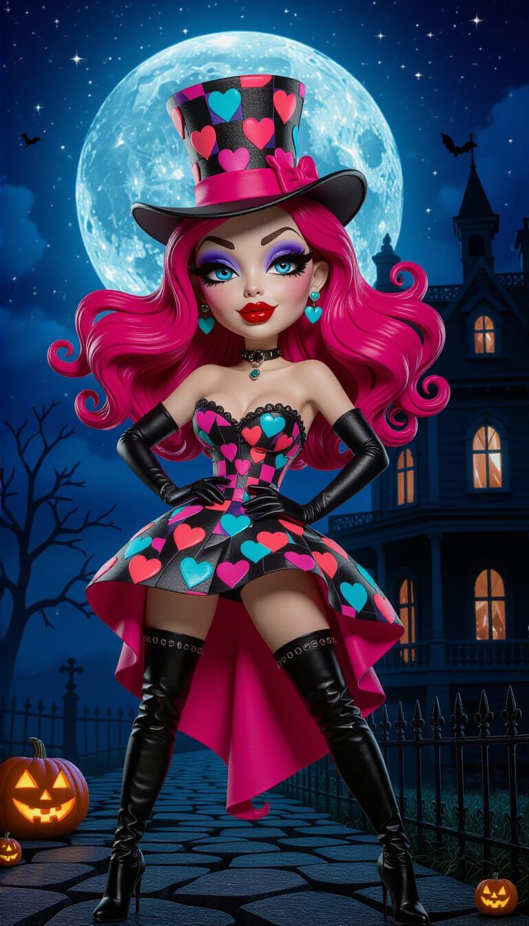 Gothic Beauty with Whimsical Hat in Fantasy Night Scene