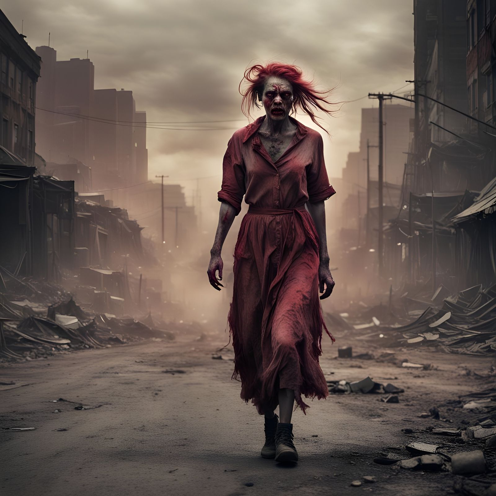 Zombie Woman in Apocalyptic Cityscape