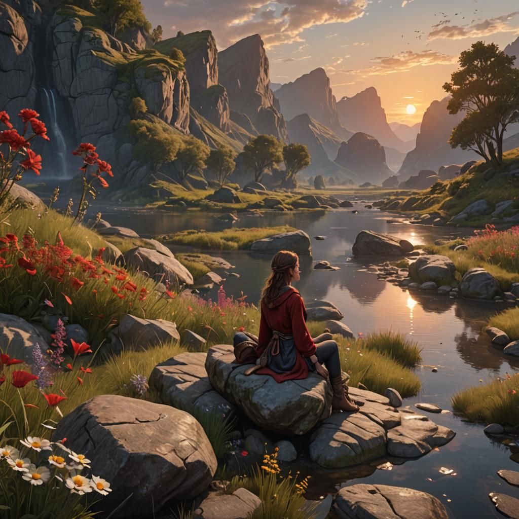 Scarlet Sunset Over Valley: Detailed Matte Painting