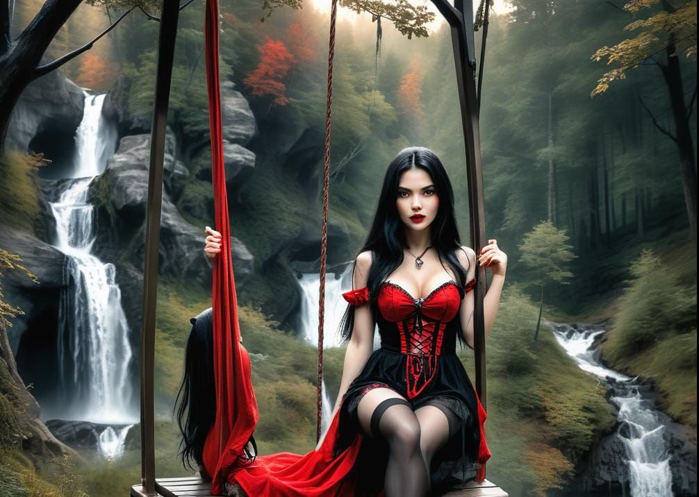 Red Riding Hood on a Swing: Hyperrealistic Forest Scene