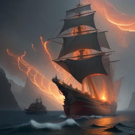 Epic Greek Fire Ship Digital Matte Painting