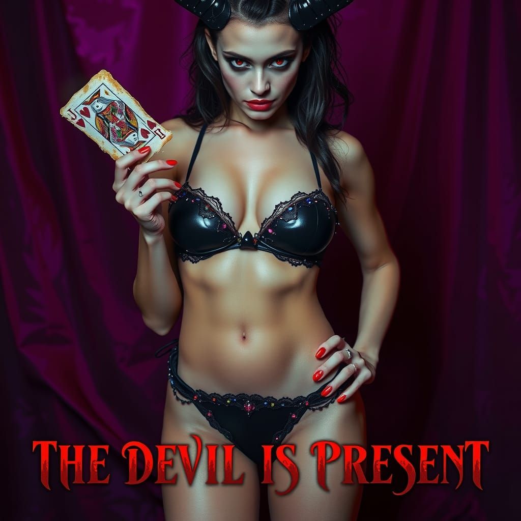 Seductive Demoness with Joker Card in Dark Surrealism Style
