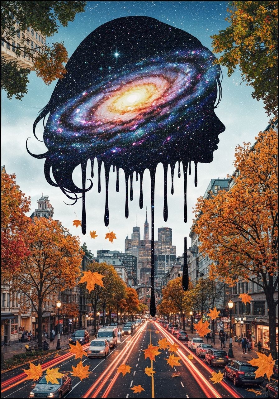 Galaxy Drips into Autumn Cityscape Silhouette