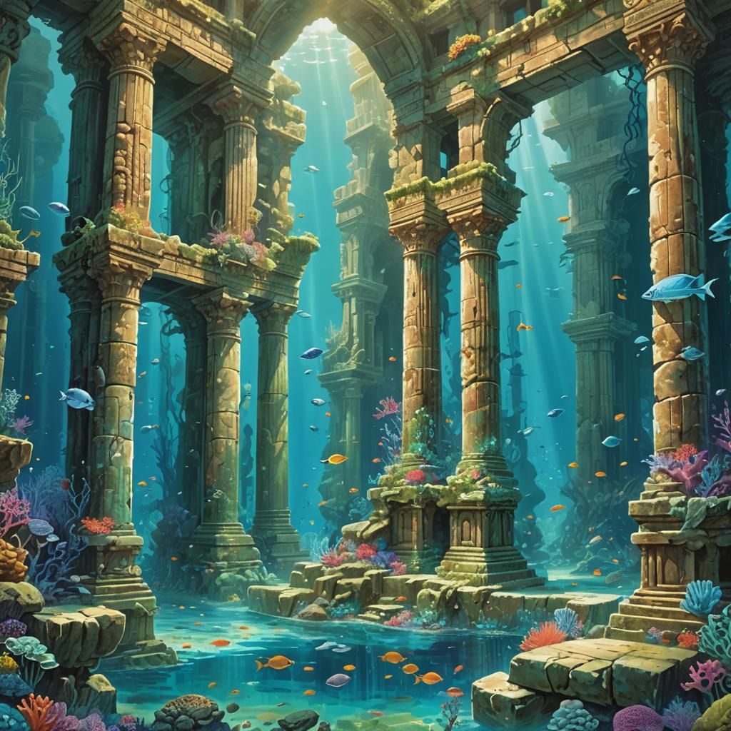 Underwater Temple Ruins with Coral Reef