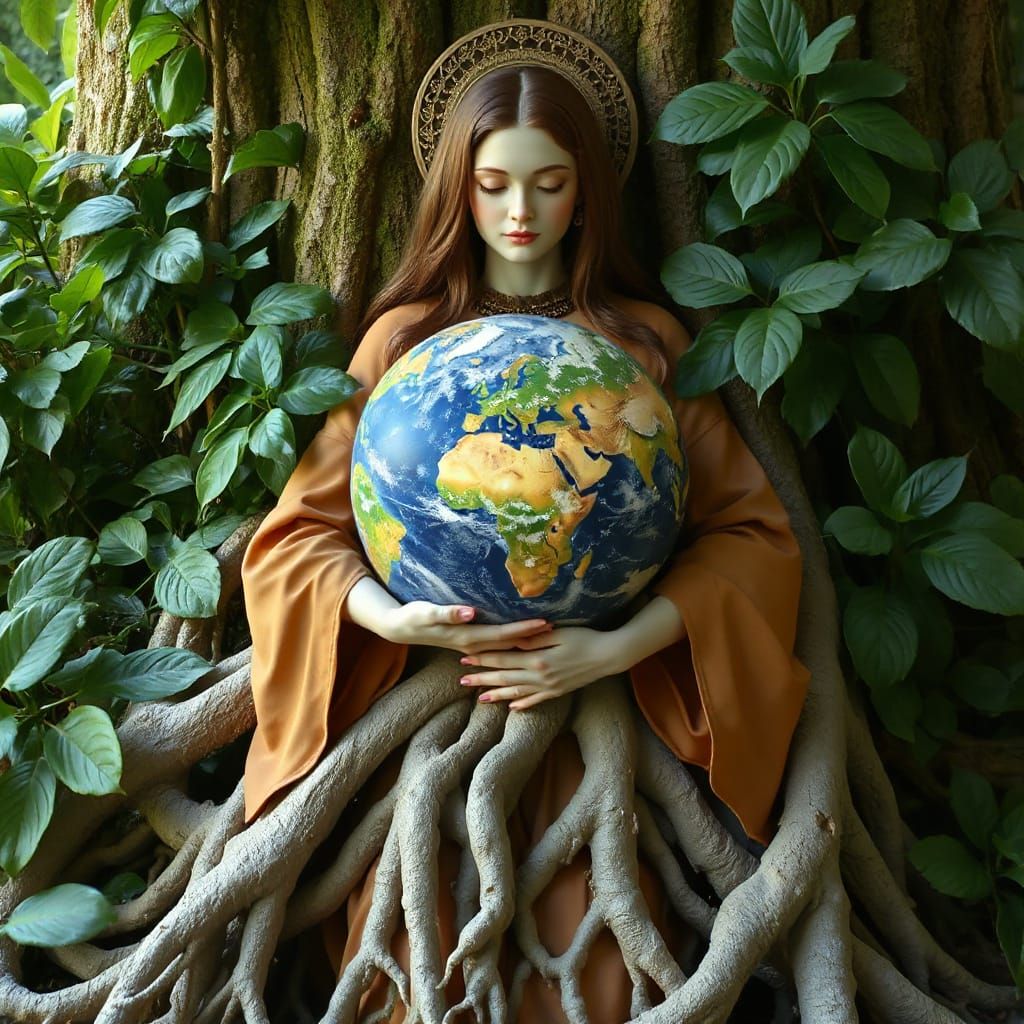 Godlike Female Figure Embracing Earth