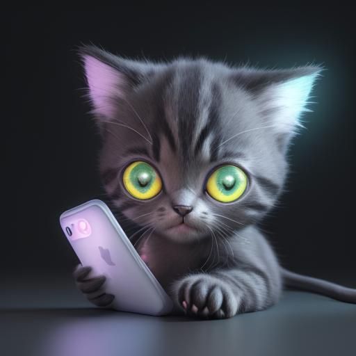 Cute Kitten Mesmerized by Phone in 3D Digital Art