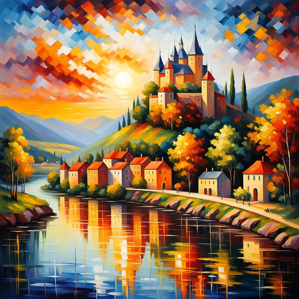 Neo-Impressionist Castle at Sunset with Vivid Colors