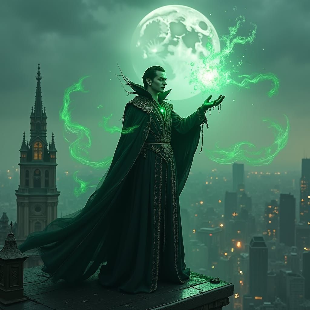 Dark Fantasy Vampire Wizard Casts Spell Under Moonlight