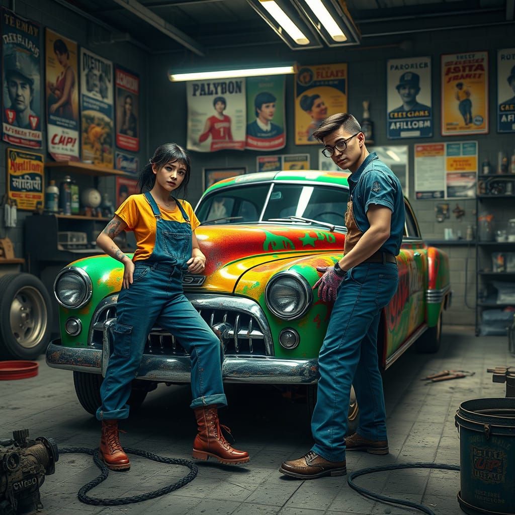 Vibrant Mechanics Restore Vintage Car in Colorful Industrial...