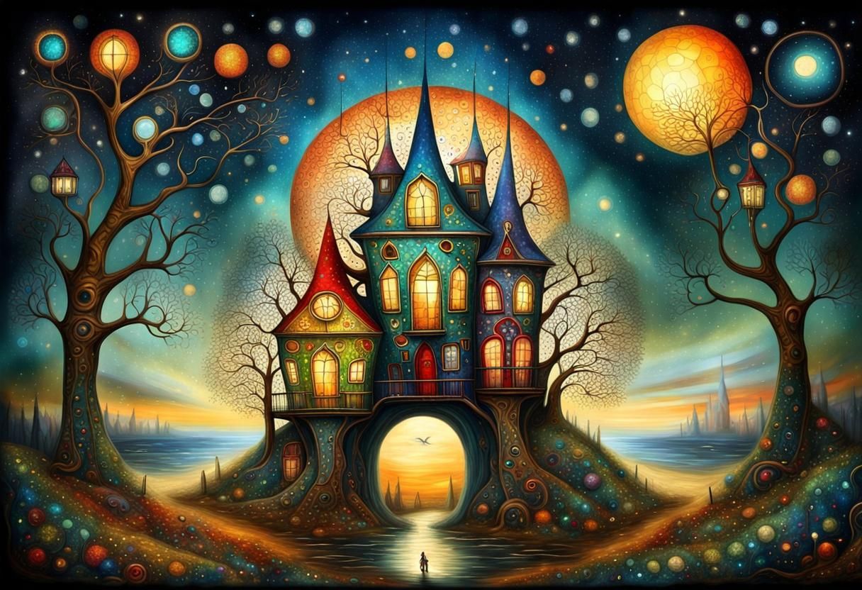 Fantasycore Stained Glass Mosaic Houses, Surrealist Image