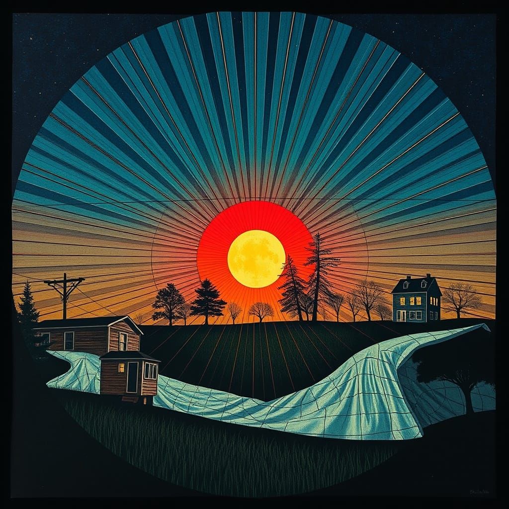 Nostalgic Radial Line Art Memoryscape with Shadow Play