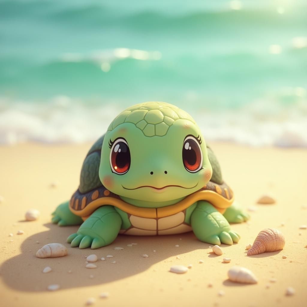 Adorable Turtle on a Sunny Beach, Anime Style