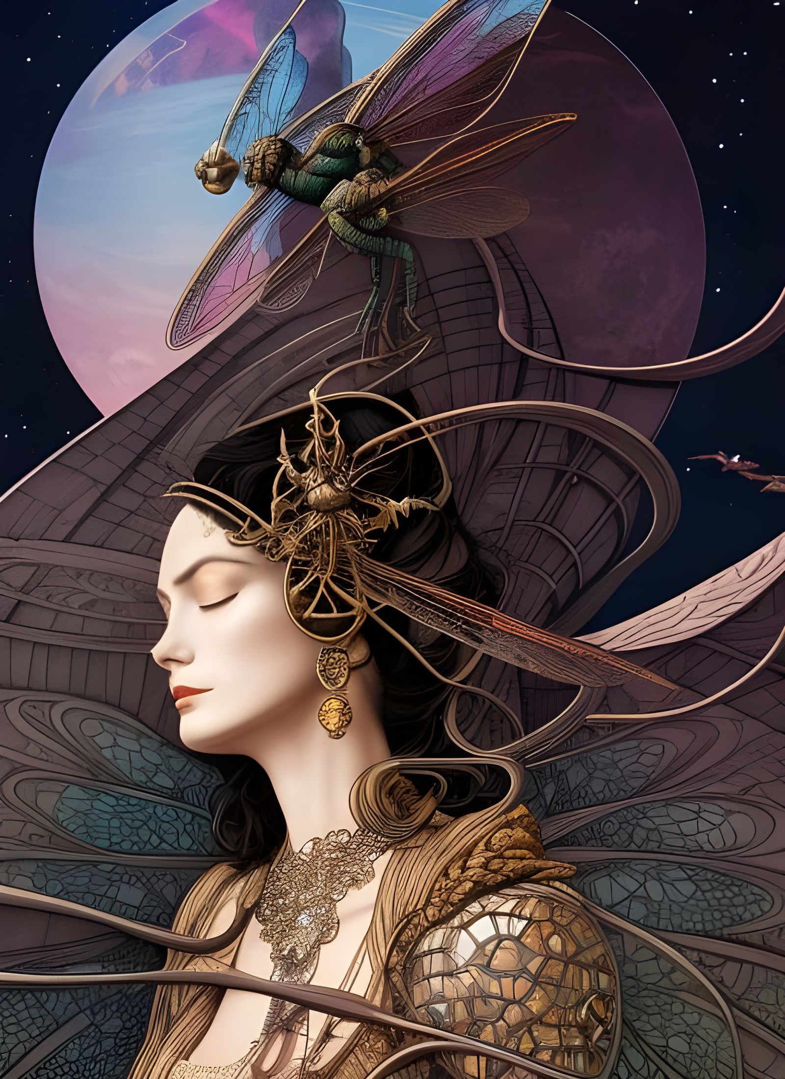 Aetherpunk Sleeping Priestess Portrait in Cut Paper Style