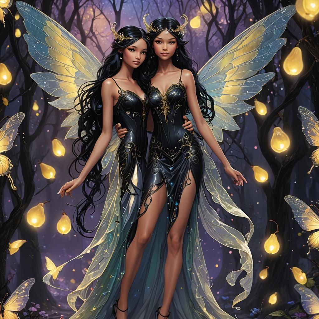 Pear-Shaped Fairy Twins in Black, Detailed Fantasy Art