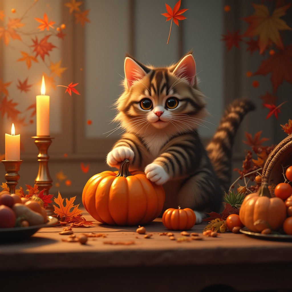 Thanksgiving Feast with Tabby Cat in Cozy Autumn Scene