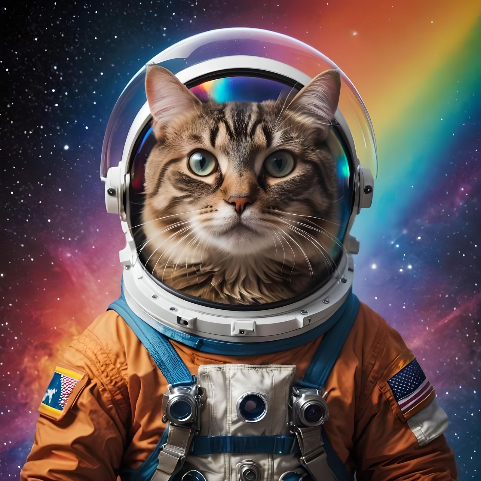 Astronaut Cat Portrait with Rainbow Cosmic Backdrop