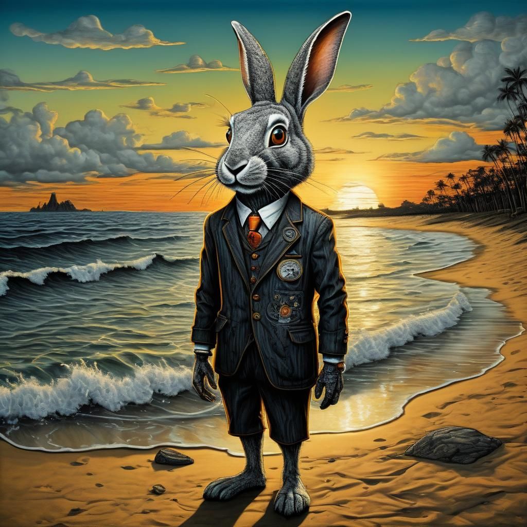 Rabbit Tourist on Madagascar Beach in Scratchboard Style