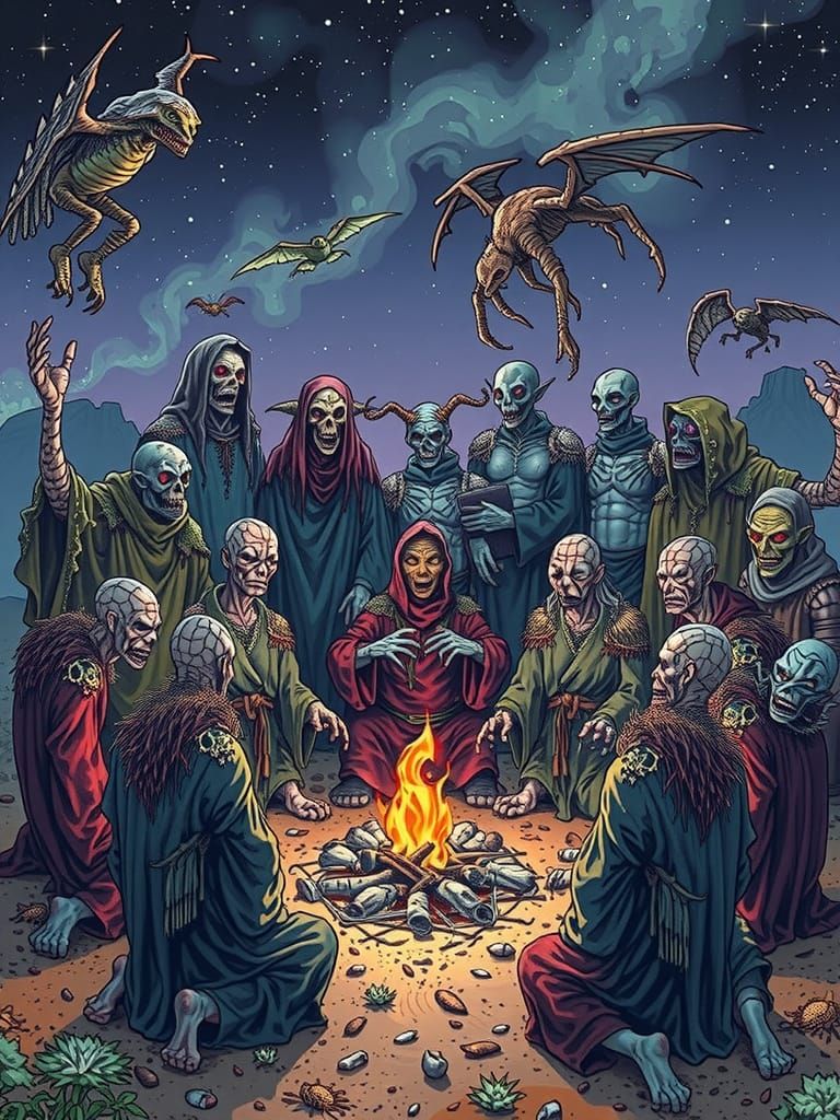 Grotesque Figures Around Bonfire Under Starry Sky