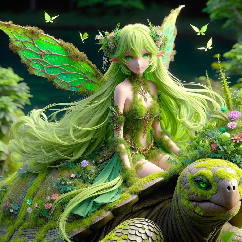 Lime Green Fairy Rides Giant Tortoise in Anime Style