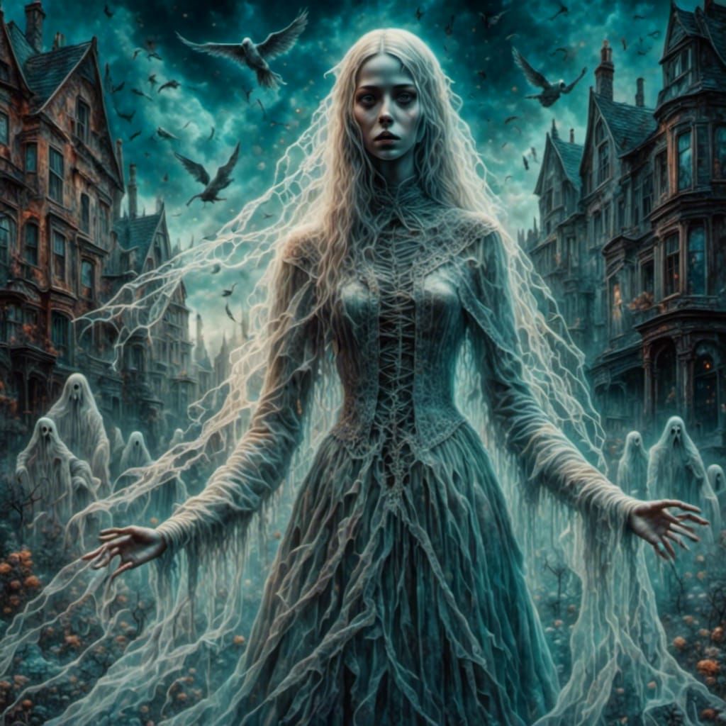 Gothic Girl Surrounded by Ghosts in Graffiti Art Style