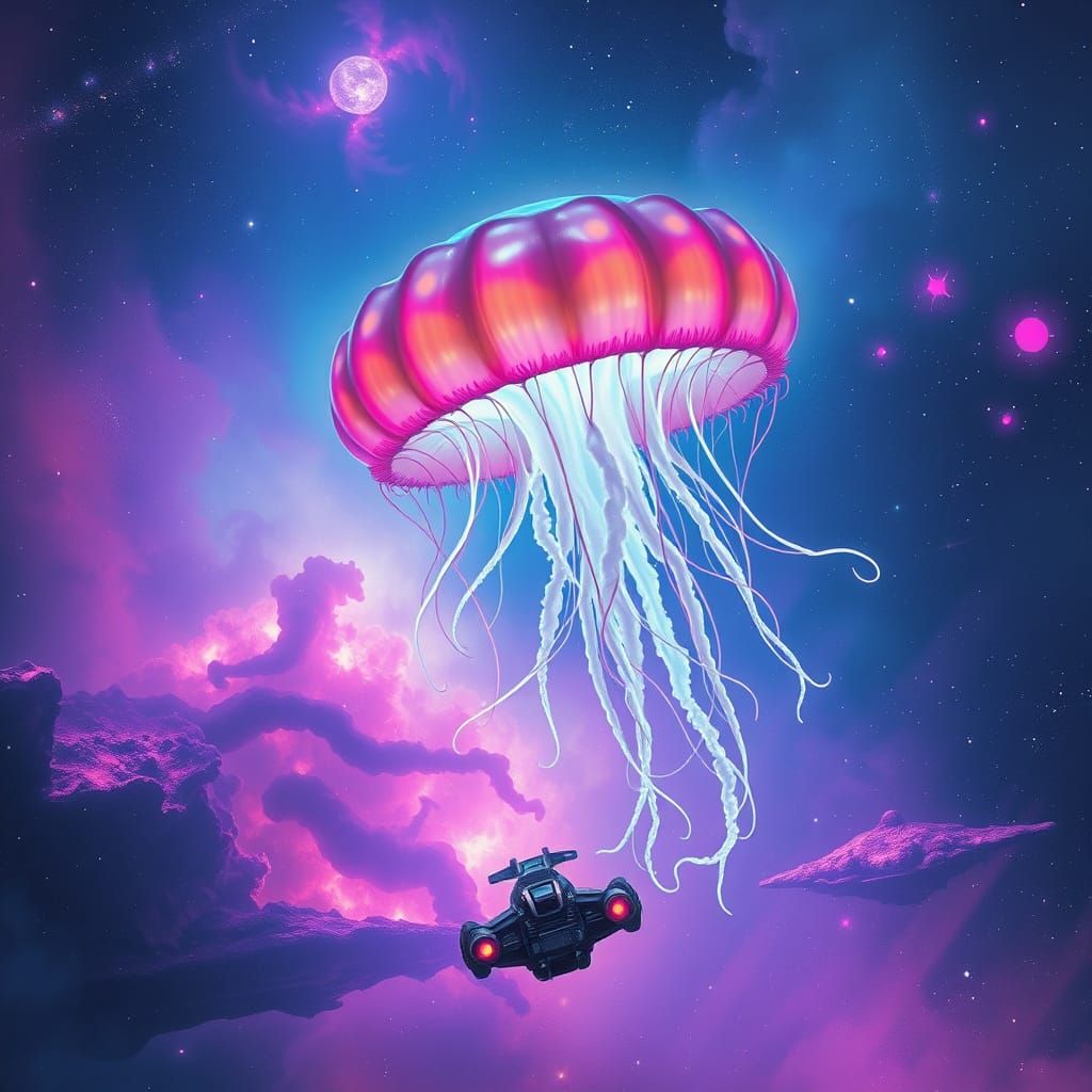Bioluminescent Jellyfish in Vibrant Nebula, Retro Spaceship ...