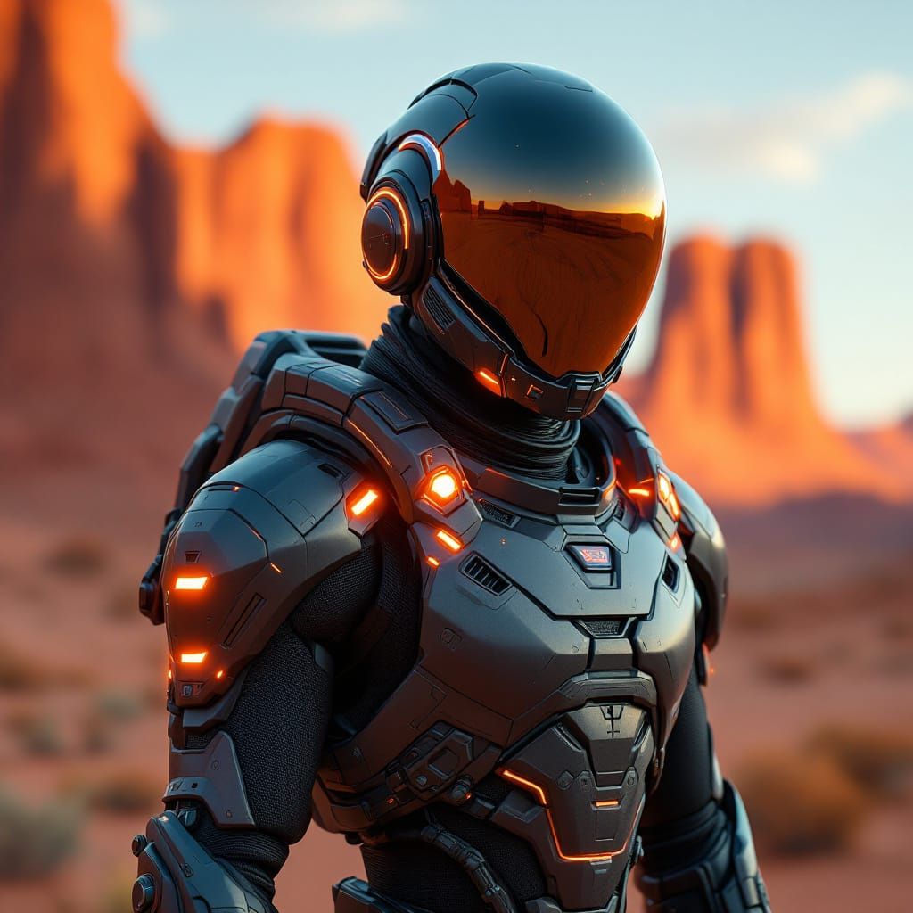 Sci-Fi Exosuit Portrait in Desert Landscape