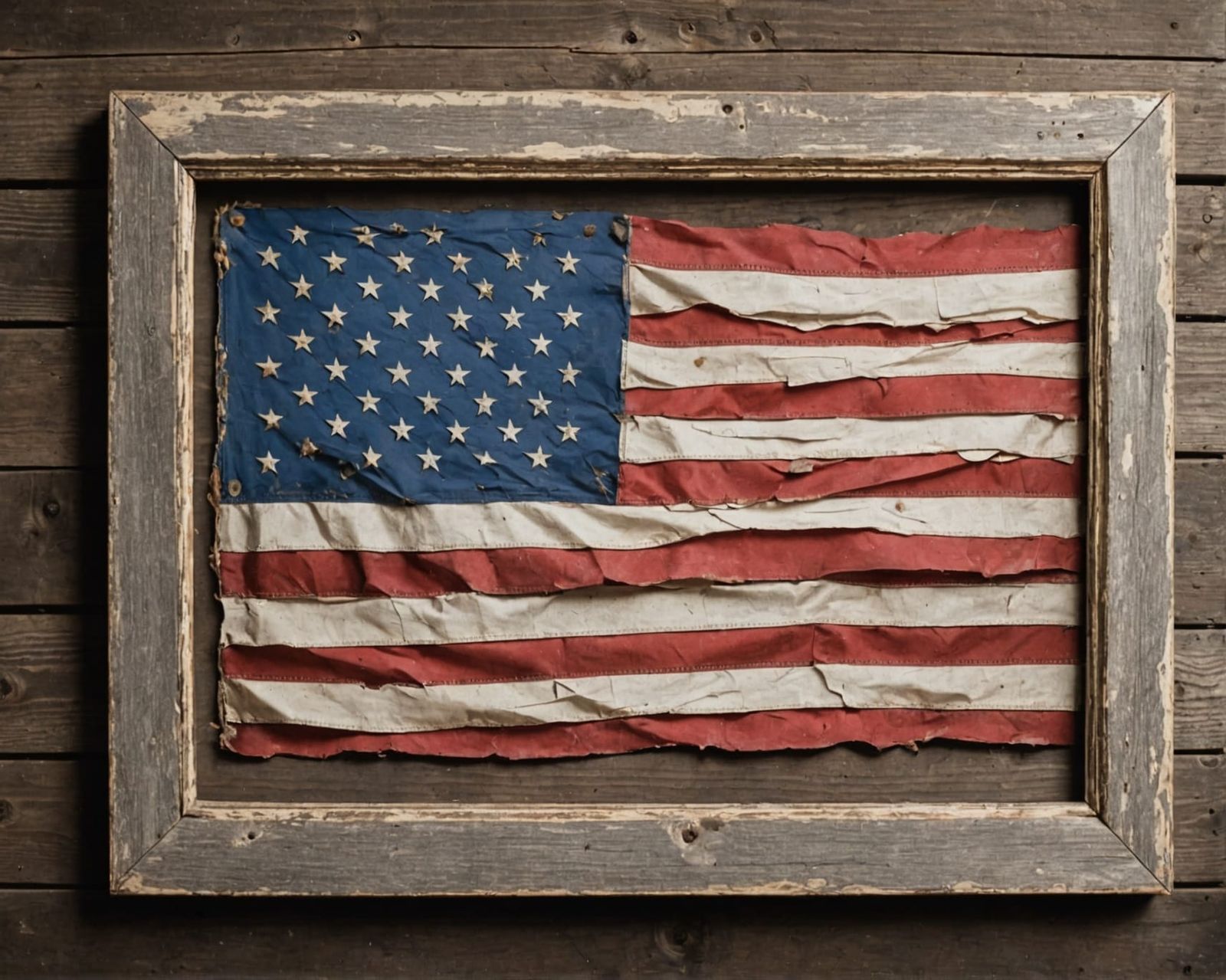 Battered American Flag in Wooden Frame
