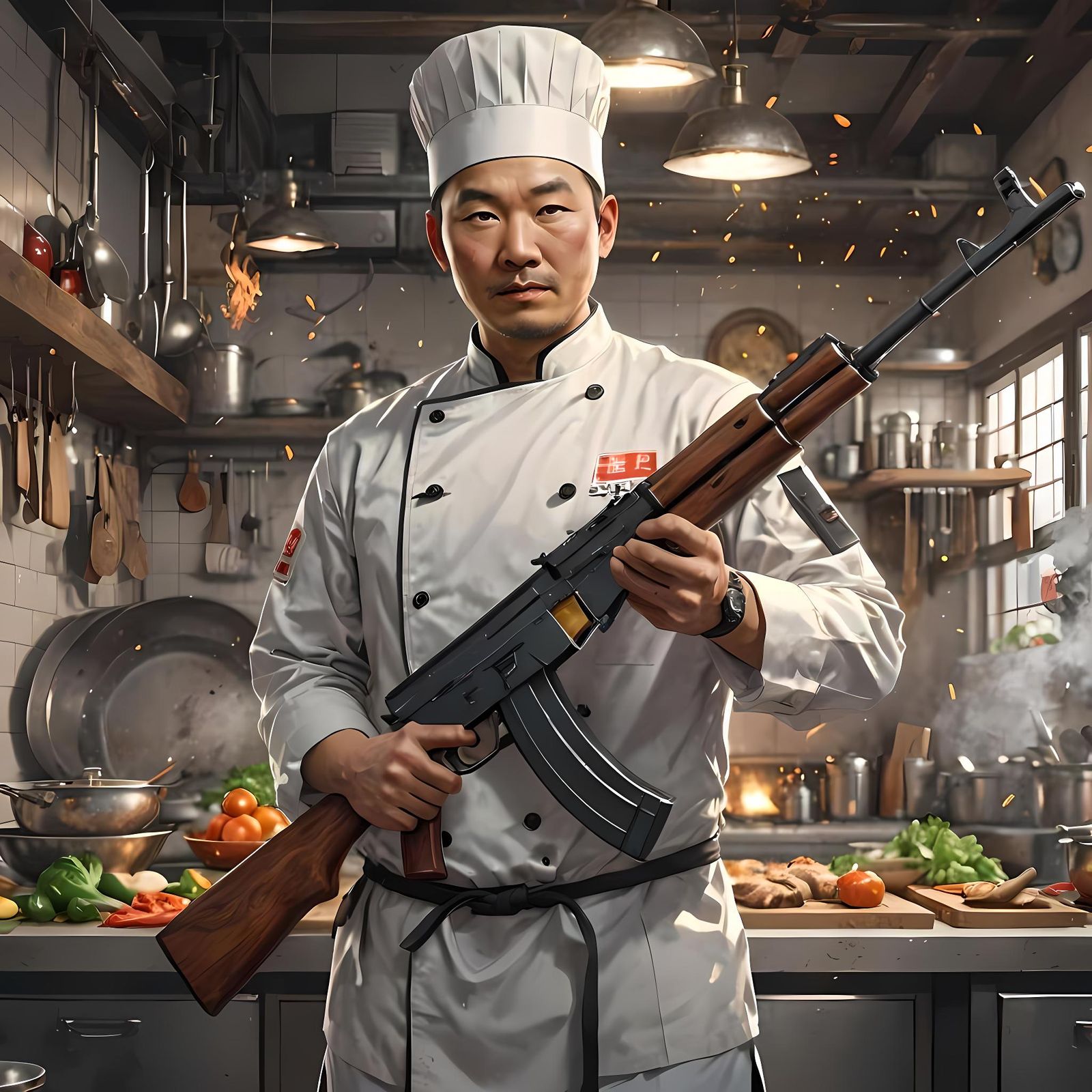 Chinese Chef with AK-47 in 3D Anime Art