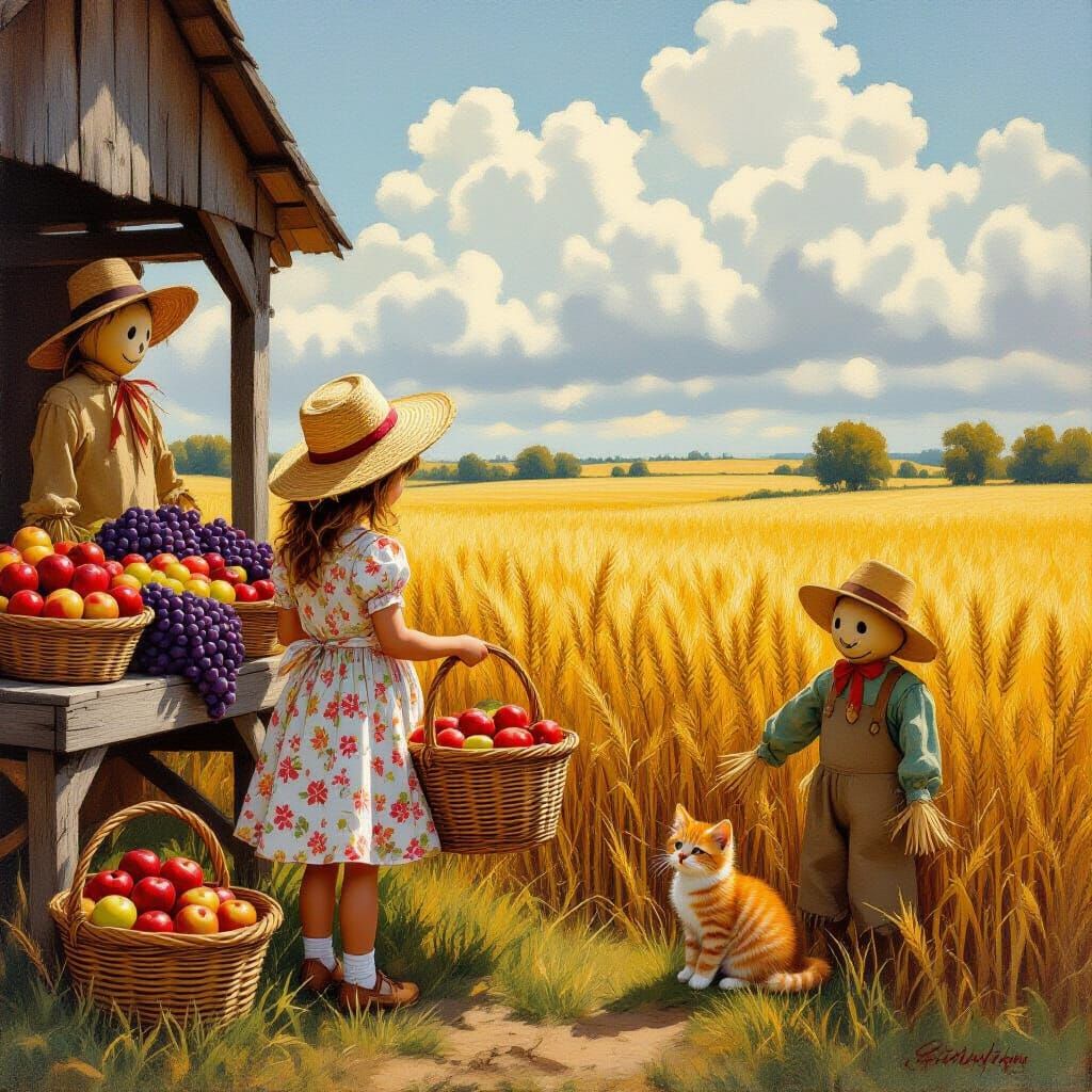 Farm Girl at Golden Wheat Field in Realist Style