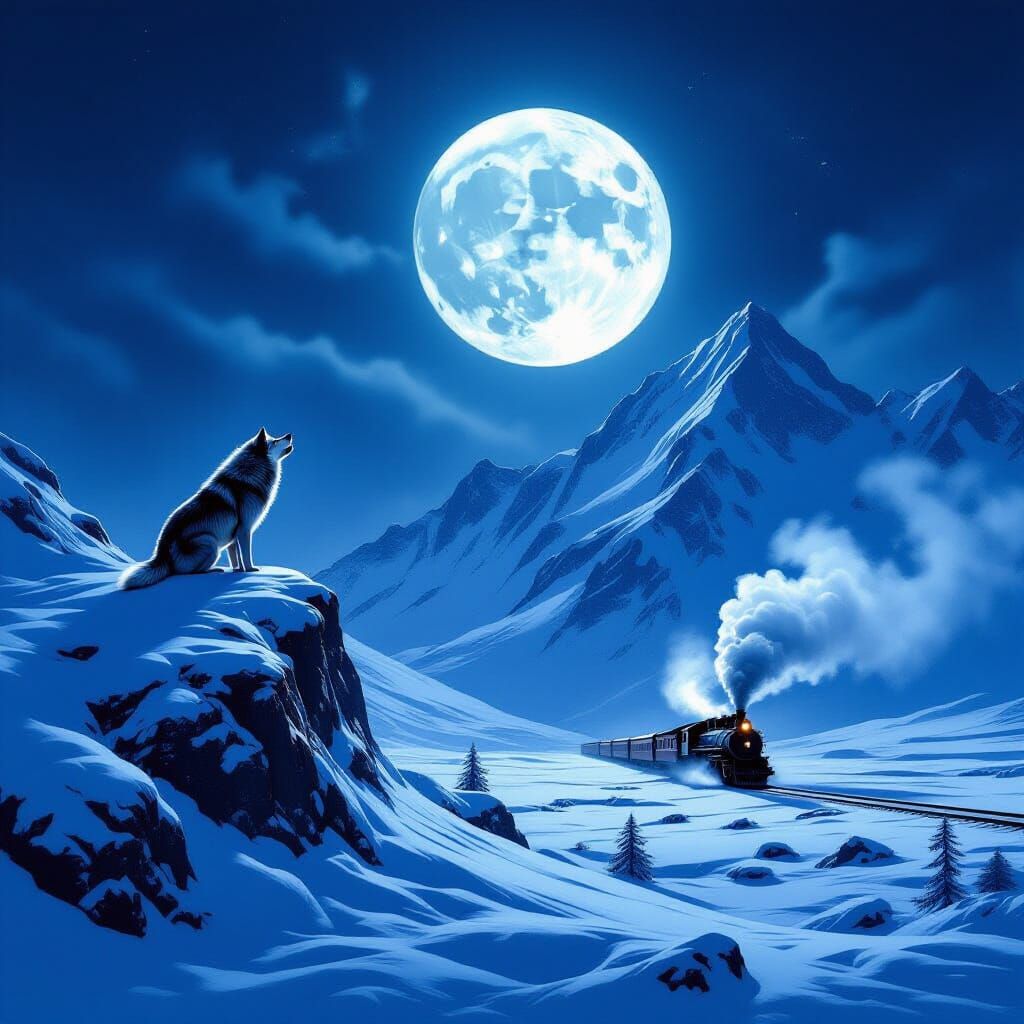 Lone Wolf Howls at Moon Over Tundra With Vintage Train