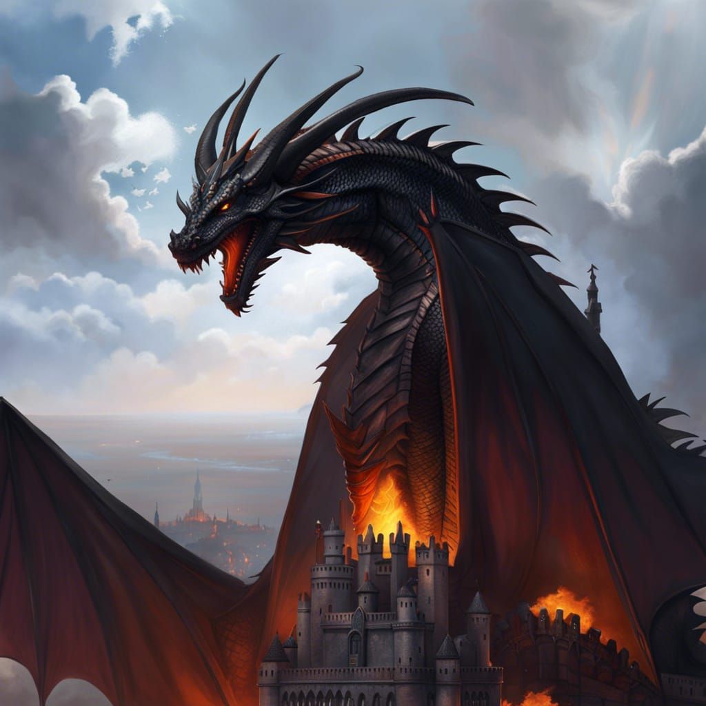 Black Dragon on Burning Castle, Dark Fantasy Art