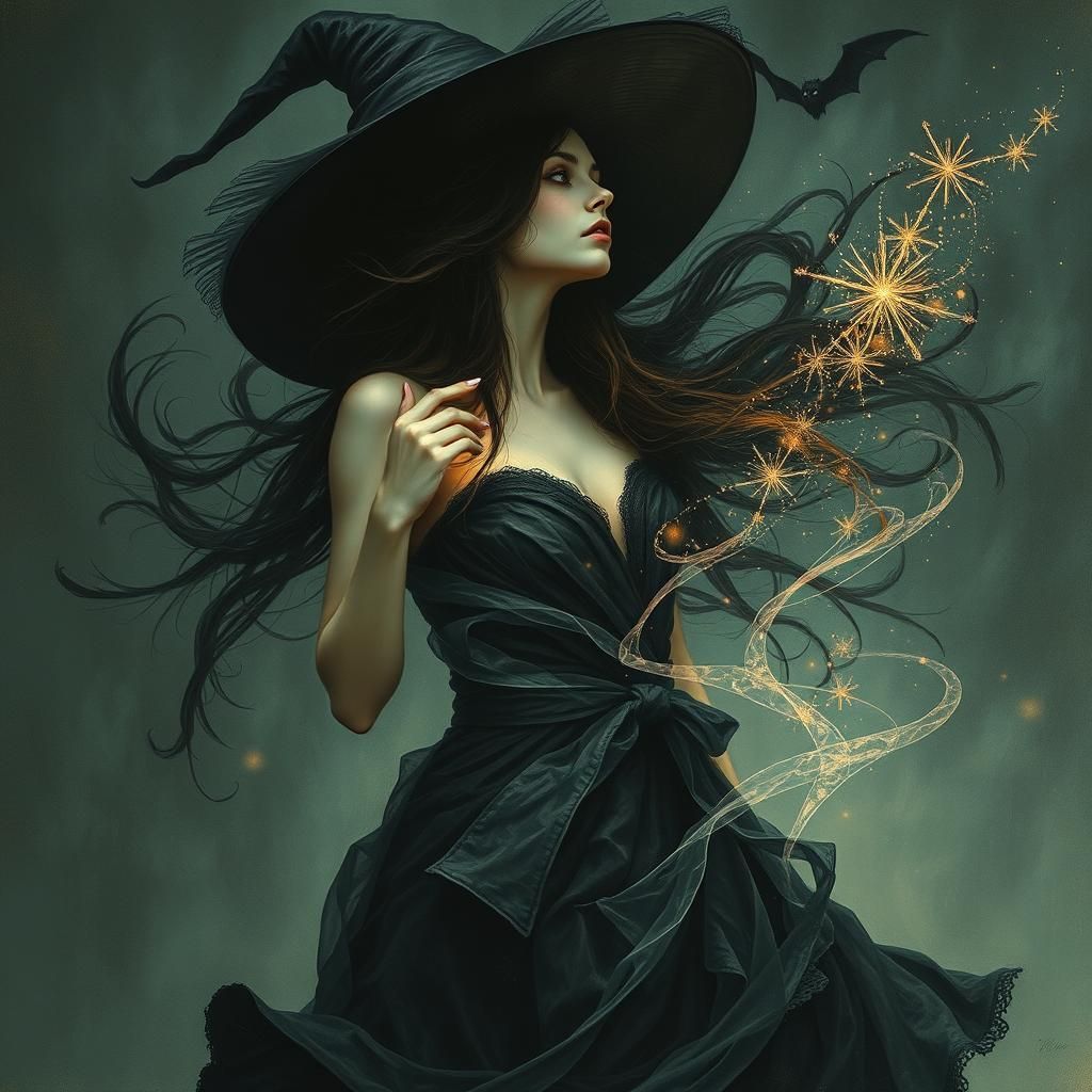 Witch in Screen Print Style With Swirling Magic