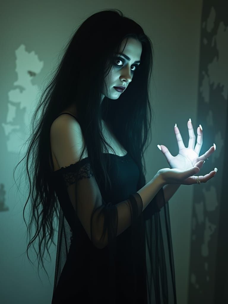 Hauntingly Beautiful Ghoul in Dimly Lit Room