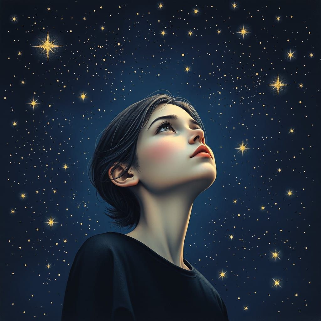 A Girl in Awe of a Spectacular Starry Night